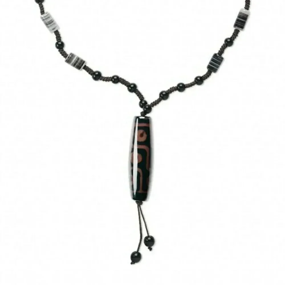 Hand Crafted Nepal Tibetan DZi Agate Black Brown & Glass Beads Macrame Necklace - Picture 2 of 2
